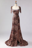 Brown Leopard Mermaid Beaded Strap Bows Printed Long Prom Dress with Slit