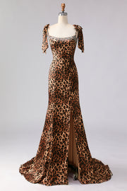 Brown Leopard Mermaid Beaded Strap Bows Printed Long Prom Dress with Slit