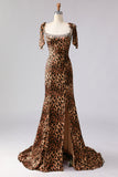 Brown Leopard Mermaid Beaded Strap Bows Printed Long Prom Dress with Slit