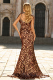 Mermaid Brown Leopard Beaded Strap Bows Printed Long Prom Dress with Slit