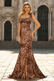 Mermaid Brown Leopard Beaded Strap Bows Printed Long Prom Dress with Slit