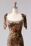 Brown Leopard Mermaid Beaded Strap Bows Printed Long Prom Dress with Slit