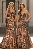 Mermaid Brown Leopard Beaded Strap Bows Printed Long Prom Dress with Slit