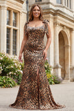 Brown Leopard Mermaid Beaded Strap Bows Printed Long Prom Dress with Slit