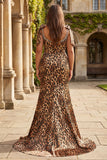 Brown Leopard Mermaid Beaded Strap Bows Printed Long Prom Dress with Slit