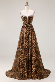 Strapless Brown Leopard A-Line Corset Long Prom Dress with Slit