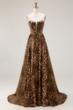Strapless Brown Leopard A-Line Corset Long Prom Dress with Slit