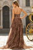 Strapless A-Line Corset Brown Leopard Long Prom Dress with Slit