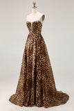 Strapless Brown Leopard A-Line Corset Long Prom Dress with Slit
