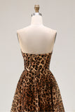 Strapless Brown Leopard A-Line Corset Long Prom Dress with Slit