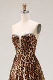 Strapless Brown Leopard A-Line Corset Long Prom Dress with Slit