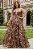 Strapless Brown Leopard A-Line Corset Long Prom Dress with Slit