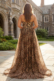 Strapless Brown Leopard A-Line Corset Long Prom Dress with Slit