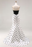 Black White Mermaid Cut Out Satin Long Polka Dots Dress with Bow