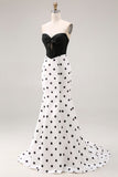Black White Mermaid Cut Out Satin Long Polka Dots Dress with Bow