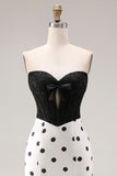 Black White Mermaid Cut Out Satin Long Polka Dots Dress with Bow
