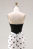 Black White Mermaid Cut Out Satin Long Polka Dots Dress with Bow