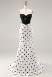 Black and White Polka Dots Sweetheart Mermaid Long Corset Prom Dress