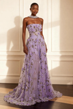 Purple Strapless Appliqued A-Line Long Prom Dress With 3D Flowers