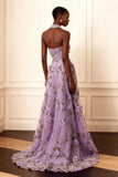 Purple Strapless Appliqued A-Line Long Prom Dress With 3D Flowers