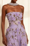 Purple Strapless Appliqued A-Line Long Prom Dress With 3D Flowers