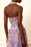 Purple Strapless Appliqued A-Line Long Prom Dress With 3D Flowers