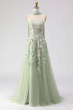 Strapless Dusty Sage A-Line Sequins Embroidered Long Prom Dress with Slit