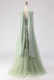 Strapless Dusty Sage A-Line Sequins Embroidered Long Prom Dress with Slit
