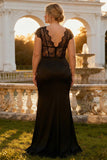 Black Mermaid Lace V-Neck Plus Size Long Prom Dress with Slit