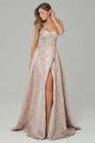 Pink A-Line Floral Printed Corset Long Prom Dress with Slit
