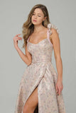 Pink A-Line Floral Printed Corset Long Prom Dress with Slit
