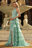 Sage Green A Line Halter Beaded Cut Out Tiered Ruffle Long Prom Dress with Slit