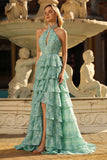 Sage Green A Line Halter Beaded Cut Out Tiered Ruffle Long Prom Dress with Slit