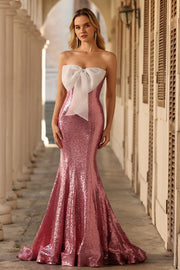 Sparkly Pink Mermaid Strapless Long Prom Dress with Bow