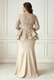 Champagne Mermaid Ruffled Long Sleeves Plus Size Mother of the Bride Dress