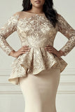 Champagne Mermaid Ruffled Long Sleeves Plus Size Mother of the Bride Dress