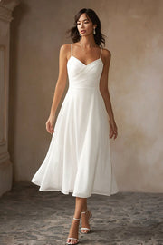 White A Line Chiffon Spaghetti Straps Midi Wedding Dress