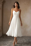 White A Line Chiffon Spaghetti Straps Midi Wedding Dress