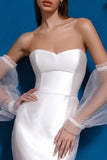 White Satin Bodycon Sweetheart Midi Wedding Dress