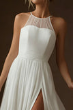 White Chiffon A Line Pleated Long Wedding Dress with Slit
