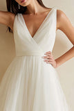 White Tulle A Line V-Neck Midi Wedding Dress