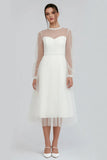 White Tulle A Line Midi Engagement Dress with Long Sleeves
