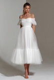 White Off The Shoulder A Line Midi Courthouse Wedding Dress