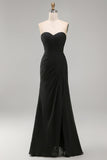 Black Chiffon Ruched Strapless Sheath Long Formal Dress with Slit