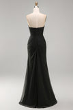Black Chiffon Ruched Strapless Sheath Long Formal Dress with Slit