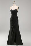 Black Chiffon Ruched Strapless Sheath Long Formal Dress with Slit