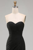 Black Chiffon Ruched Strapless Sheath Long Formal Dress with Slit