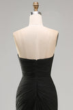 Black Chiffon Ruched Strapless Sheath Long Formal Dress with Slit