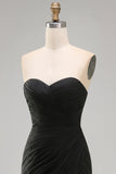 Black Chiffon Ruched Strapless Sheath Long Formal Dress with Slit