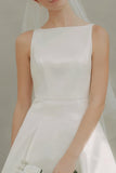 White Boat Neck A Line Short Courthouse Wedding Dress
